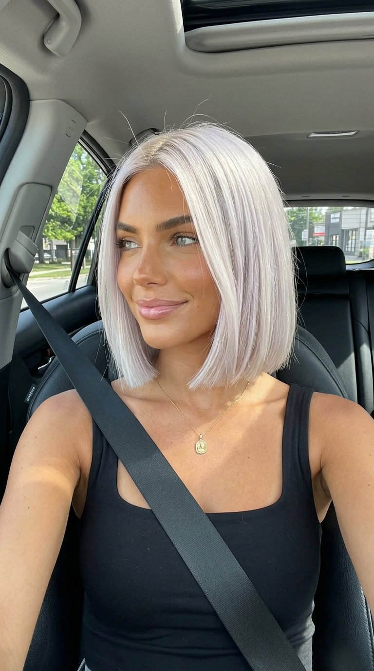 short graphic bob in icy platinum blonde with razor-sharp blunt perimeter for edgy look