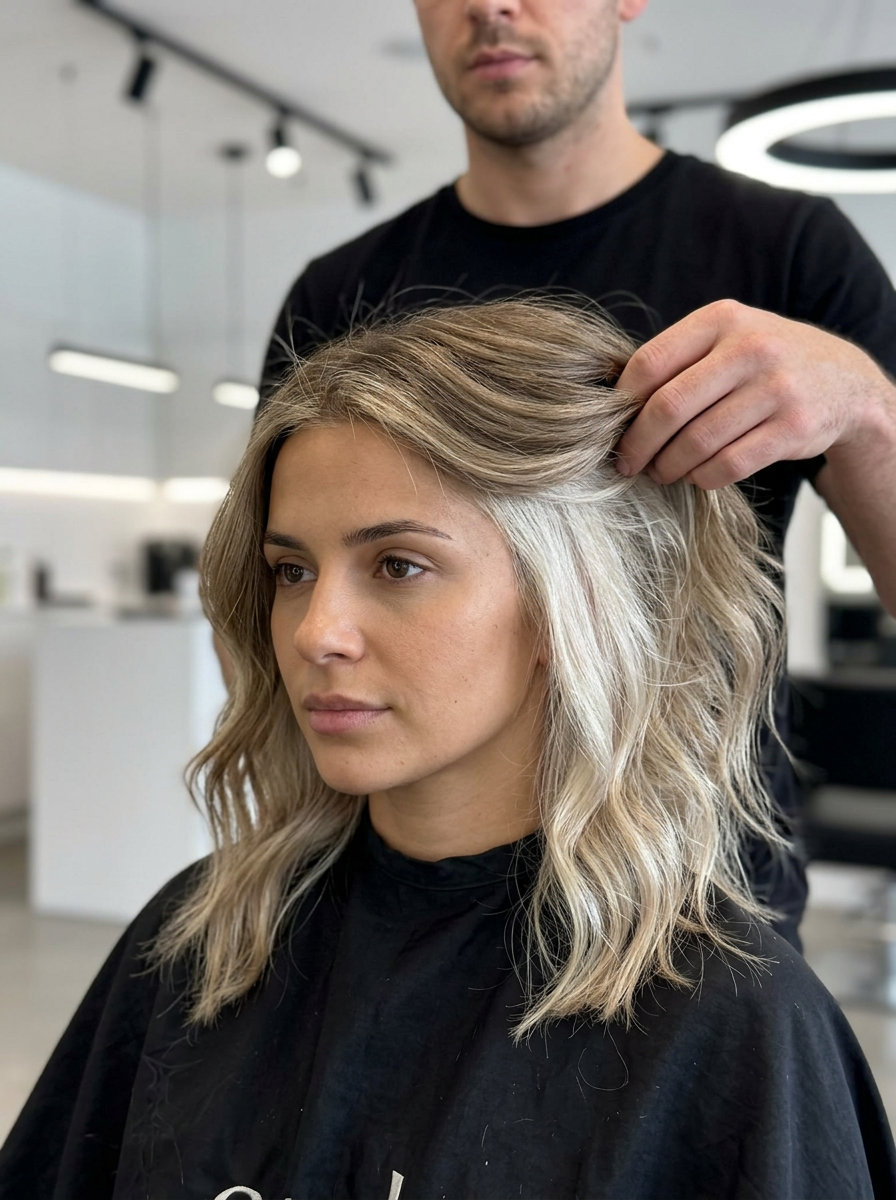 textured lob platinum blonde undercut with neutral bronde, platinum panel, no fringe — edgy, bold