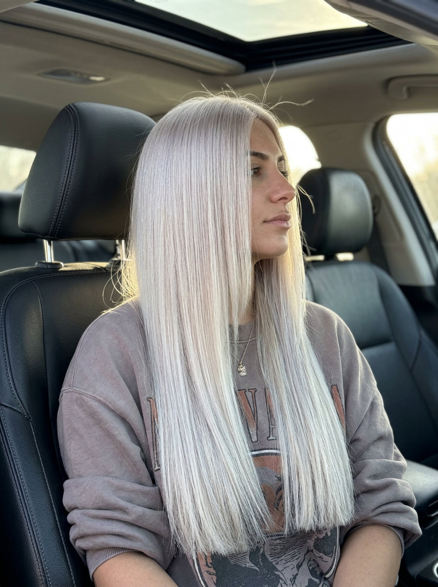 chest-length haircut in icy platinum blonde, blunt cut, no layers, for sophisticated edge