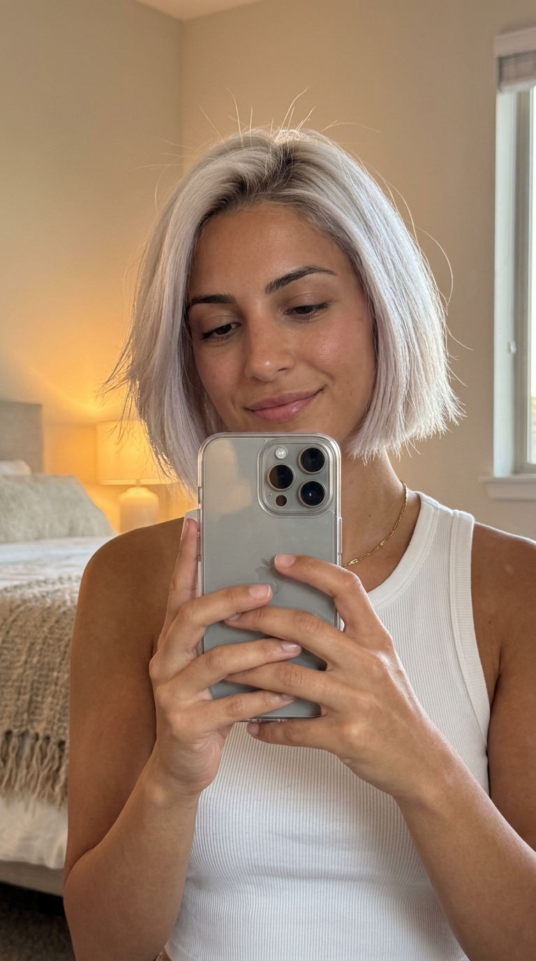 chin-length italian bob haircut with icy platinum blonde, violet toner, piecey ends — edgy modern