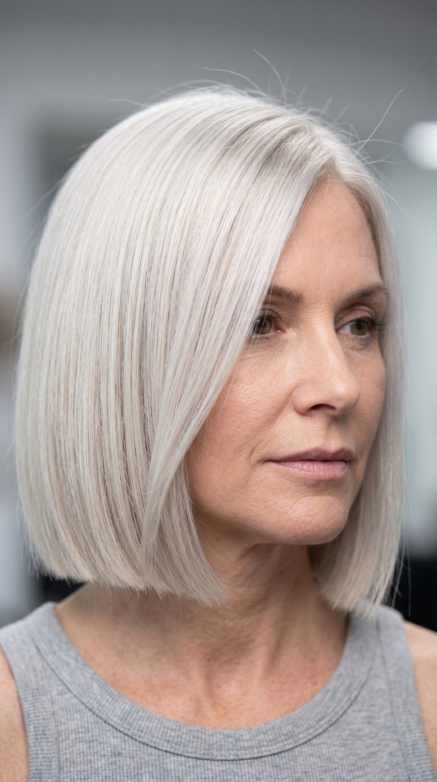 chin-length bob haircut with icy platinum blonde, blunt cut, deep side part — bold executive style