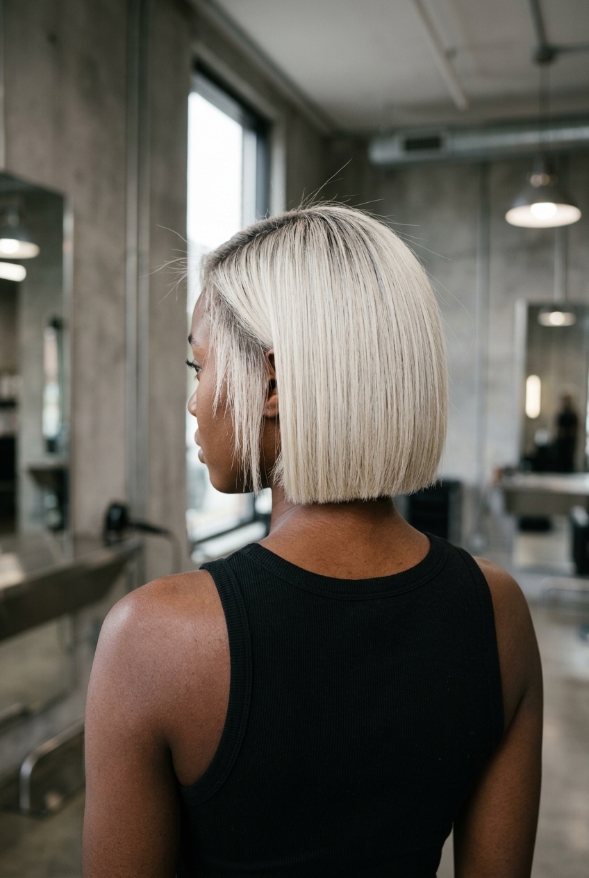 chin-length italian bob haircut with icy platinum blonde, charcoal root, undercut nape — edgy rebellious look