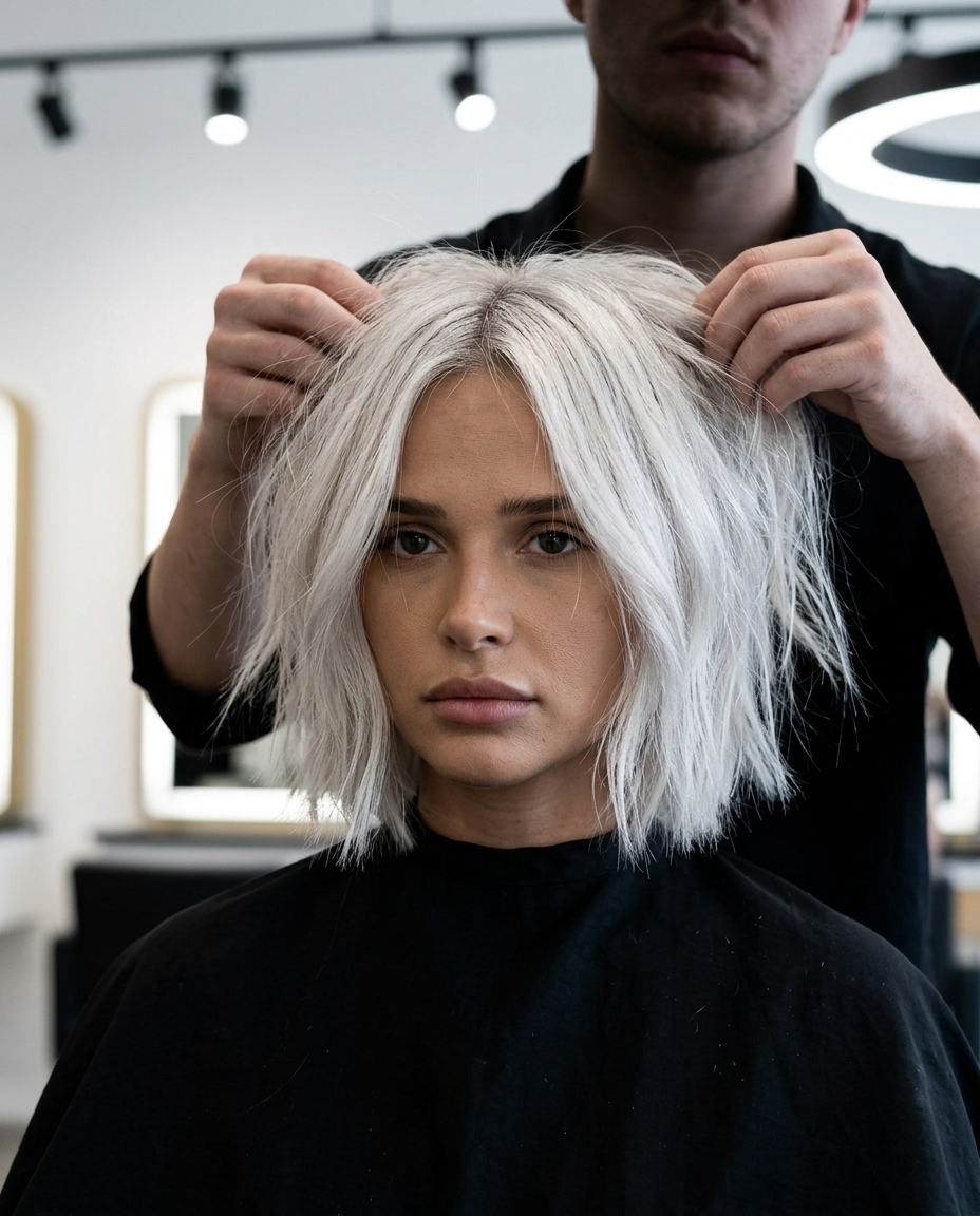 jaw-length italian bob haircut with icy platinum blonde, silver-white undertones, razored texture — avant-garde look