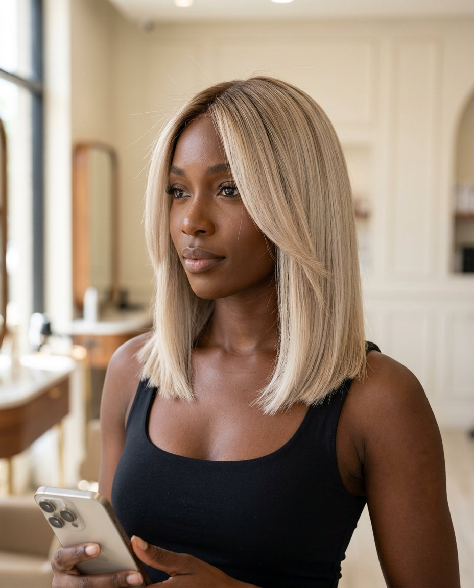 long bronde gloss with platinum blonde, root smudge, face-framing pieces — edgy professional look