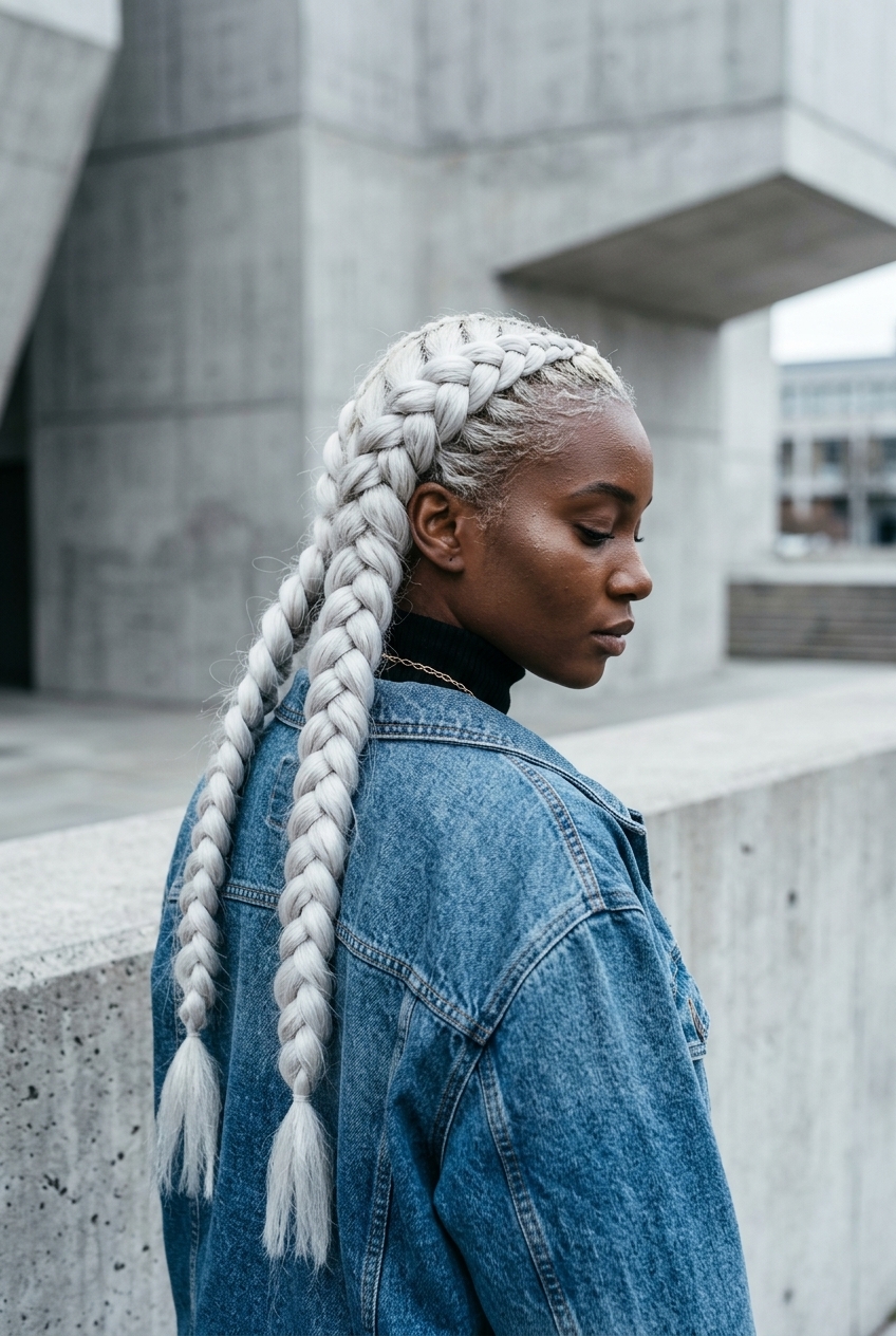 long platinum pigtail braids with cool silver undertone, loose texture for daily wear