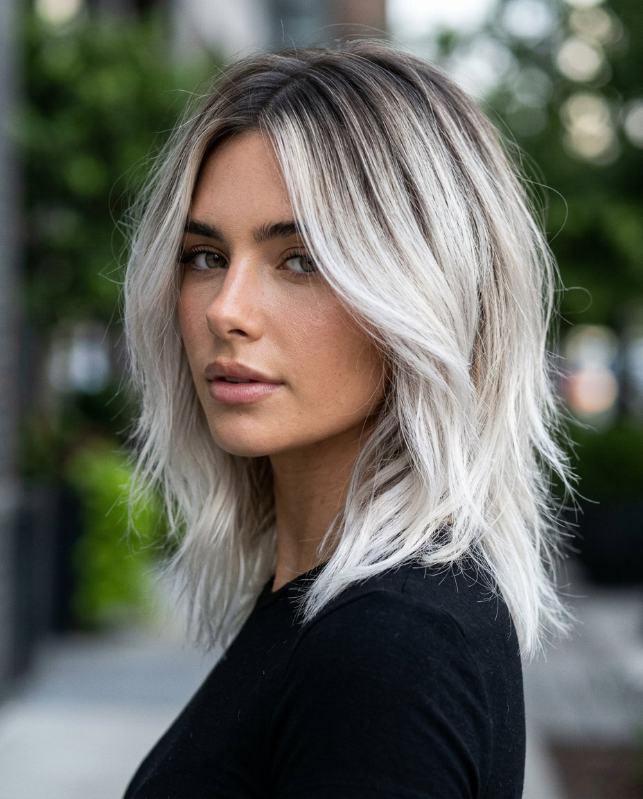 medium platinum ombré wolf cut with jet black roots, razored layers, piecey fringe — bold, edgy