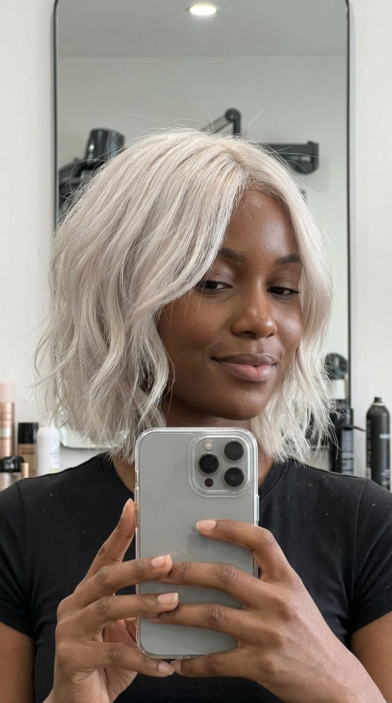 short bob haircut with icy platinum, cool silver, shattered layers, no bangs — bold festival look
