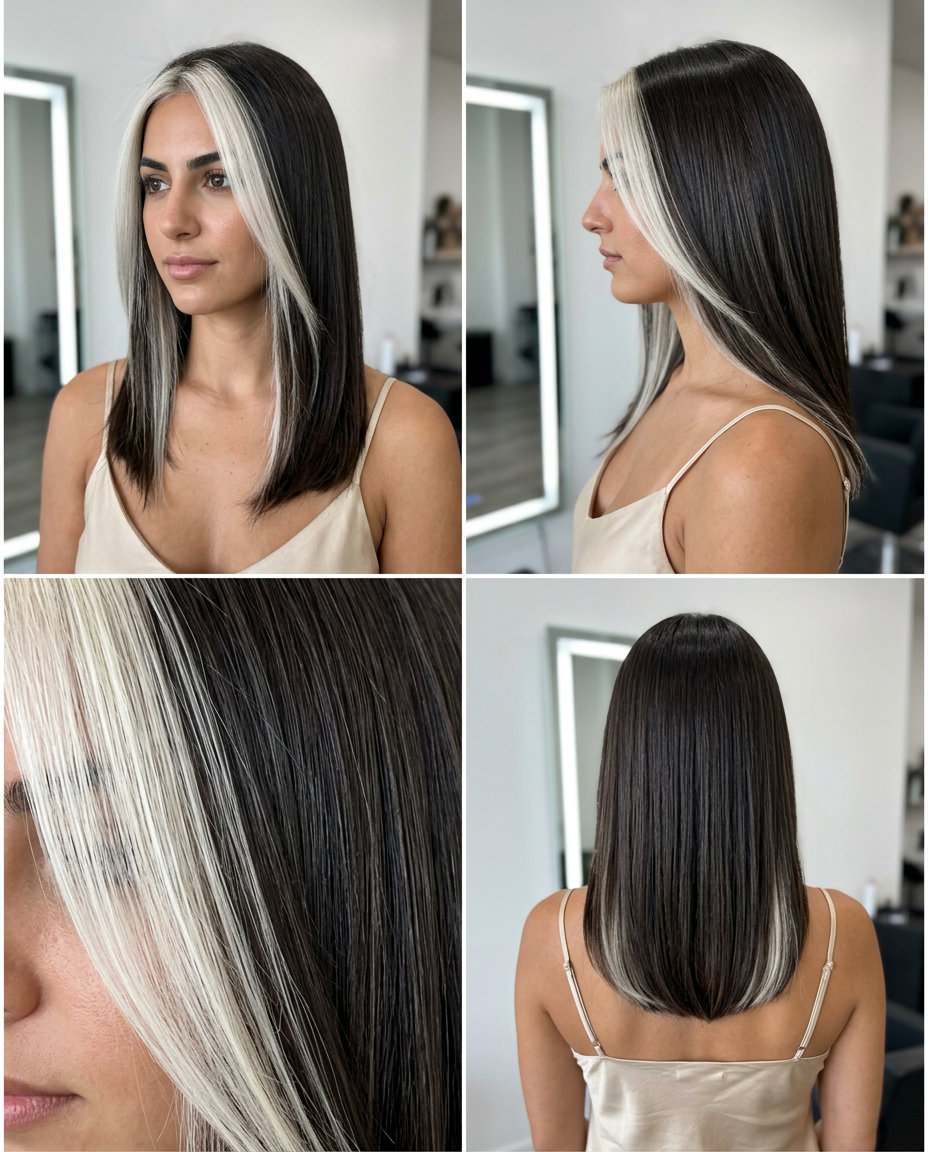 short icy platinum blonde face-framing highlights with deep espresso contrast, bold money piece — edgy festival style