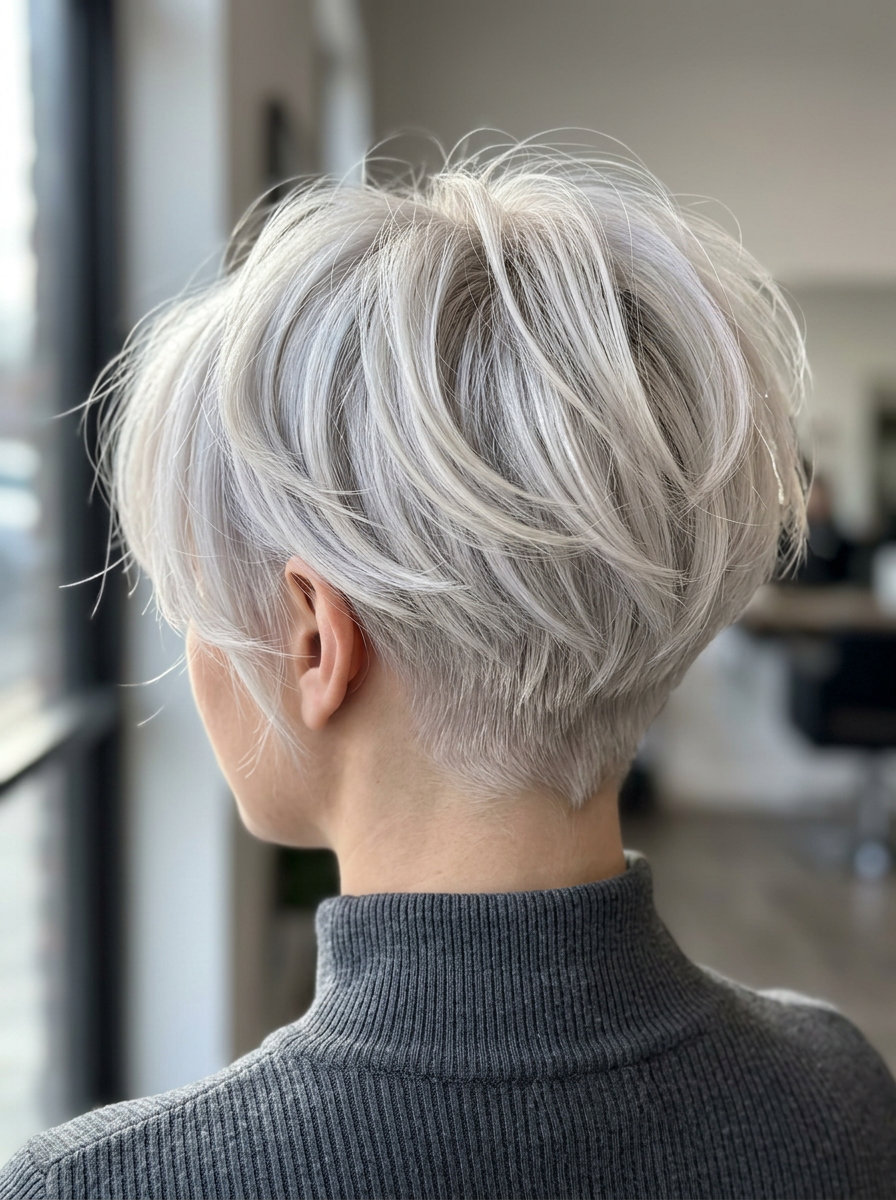 short pixie haircut with icy platinum blonde, voluminous crown layers, wispy curtain bangs — flirty photoshoot