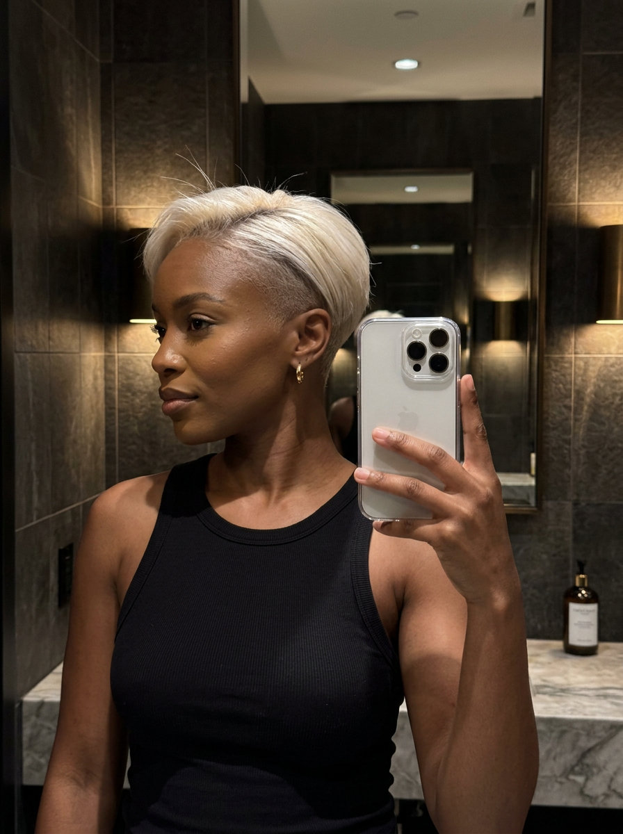 short textured pixie buttery blonde with platinum blonde and root smudge, global bleach application, no fringe — edgy modern punk