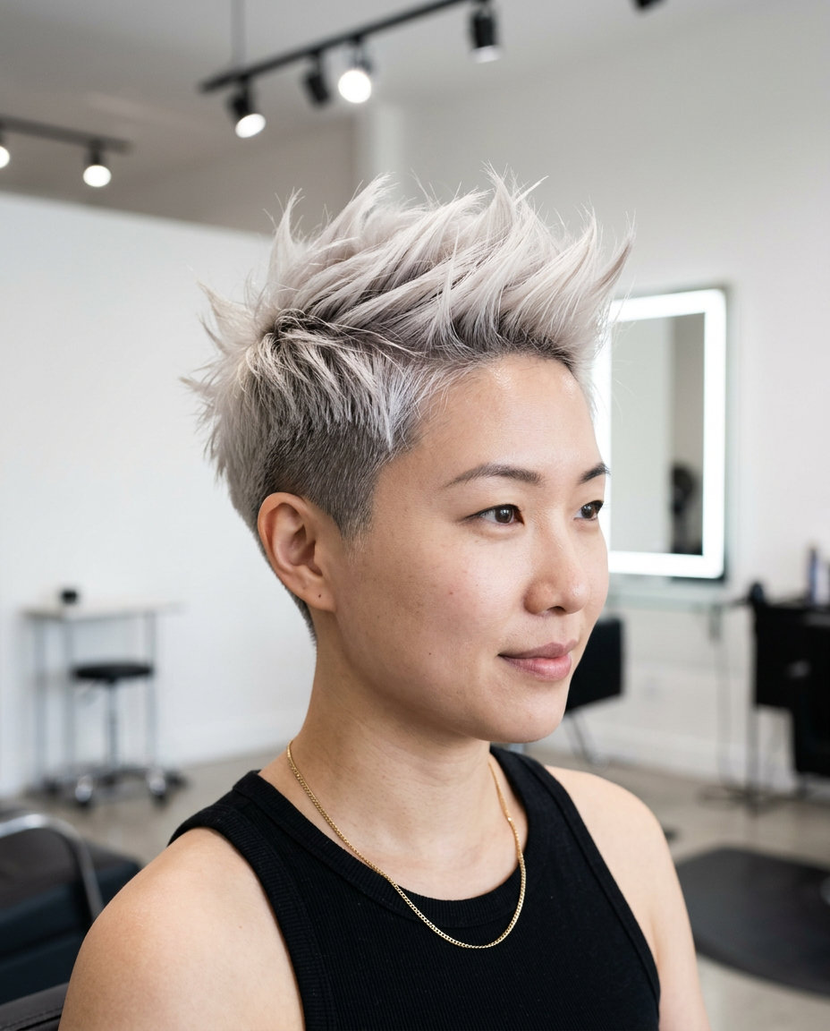 short platinum pixie haircut with undercut and textured top for summer