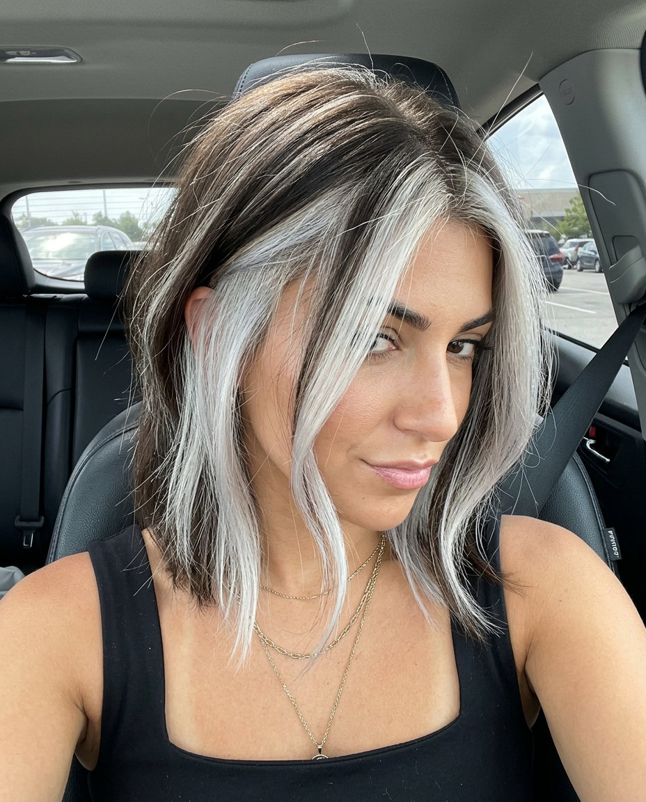 short platinum blonde undercut highlights with icy silver tones, deep espresso base — rebellious festival style