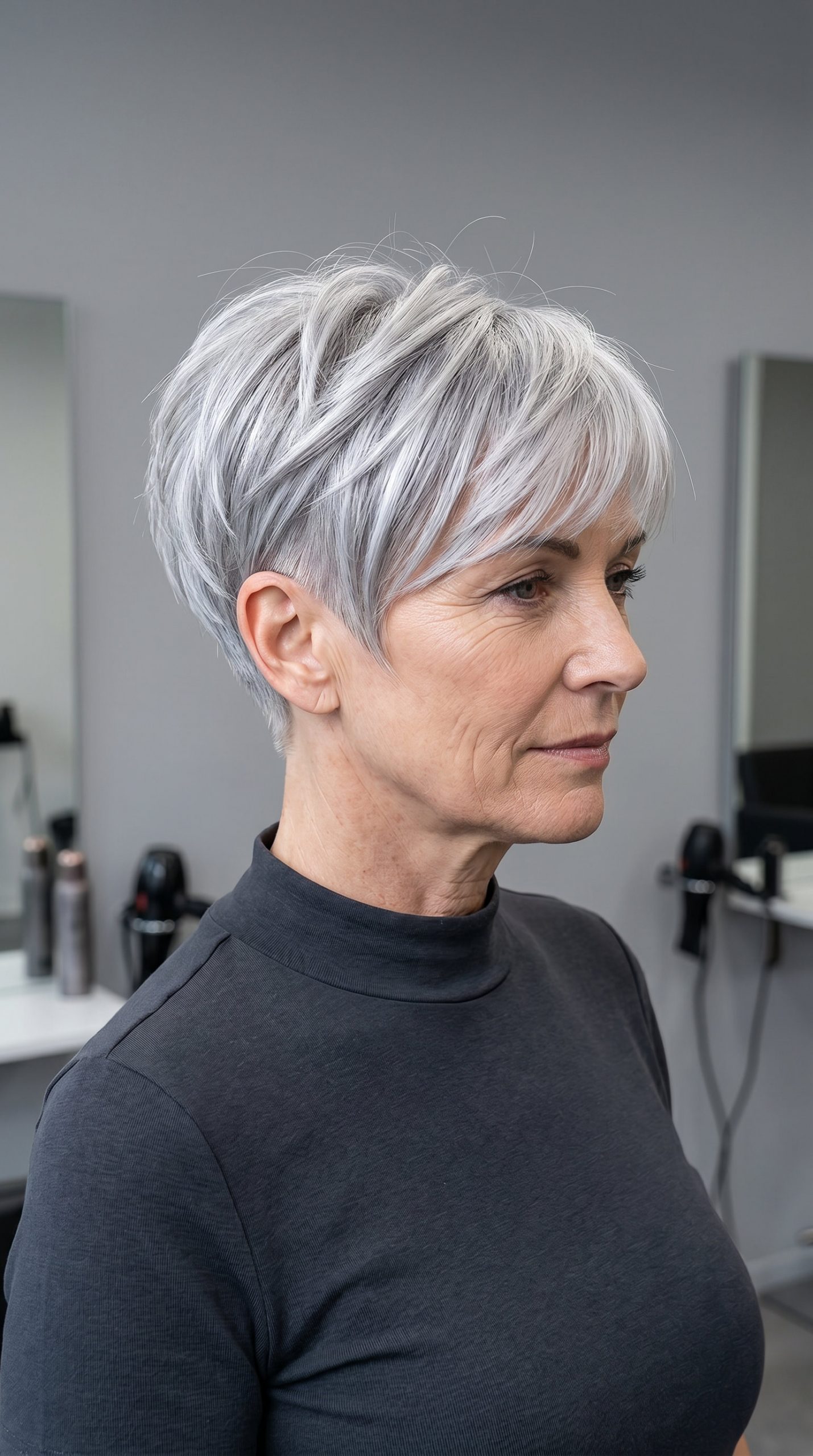 short pixie haircut with icy platinum silver and ash grey herringbone highlights, razored layers, wispy fringe — modern edgy style