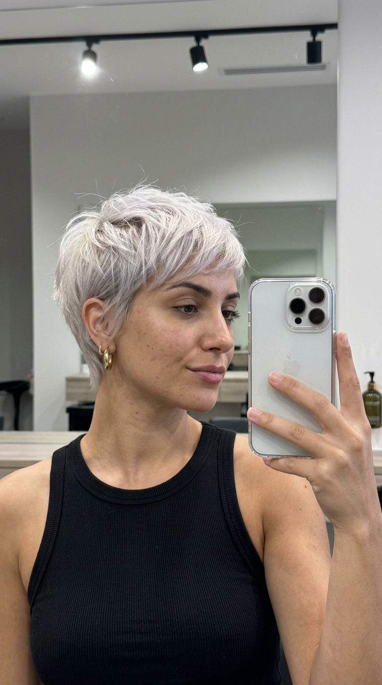 very short crop haircut with icy platinum blonde, disconnected layers, choppy fringe — playful music festival