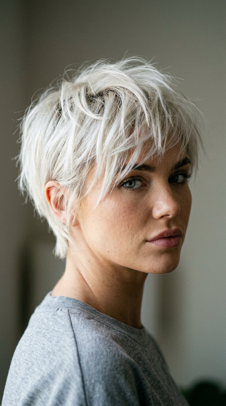 very short pixie haircut in icy platinum blonde with silver, clipper fade sides, bold mood