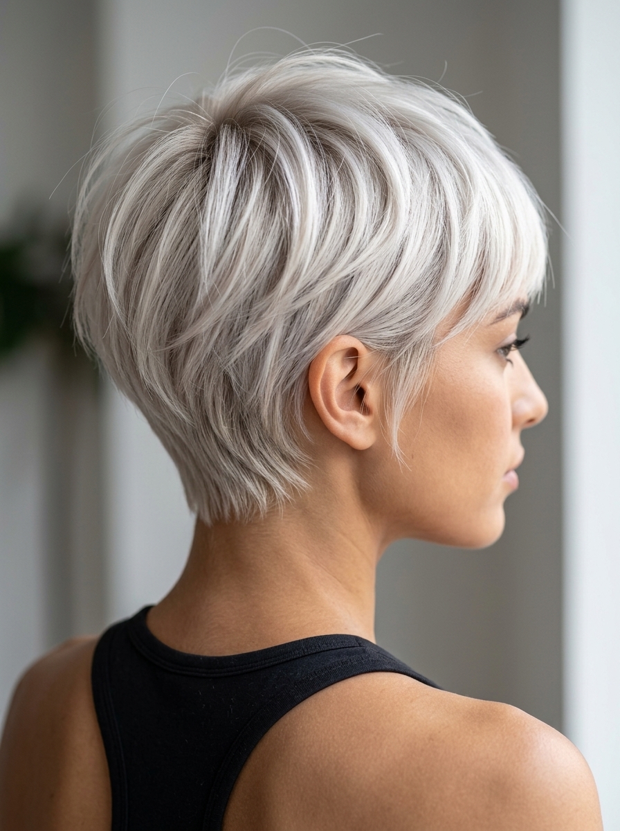 very short platinum pixie haircut with silver-white tones and micro-fringe for modern looks