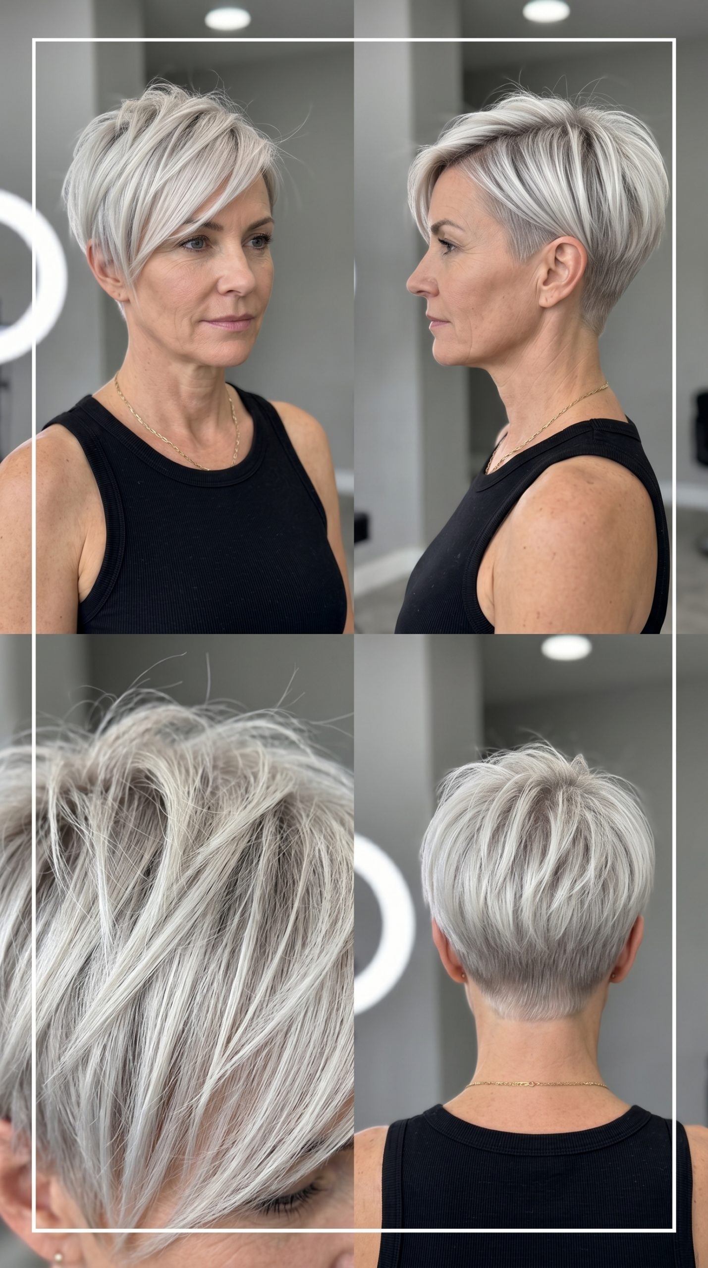 very short pixie haircut icy platinum blonde with cool ash root shadow, textured layers, asymmetrical fringe — edgy summer 2026 haircut