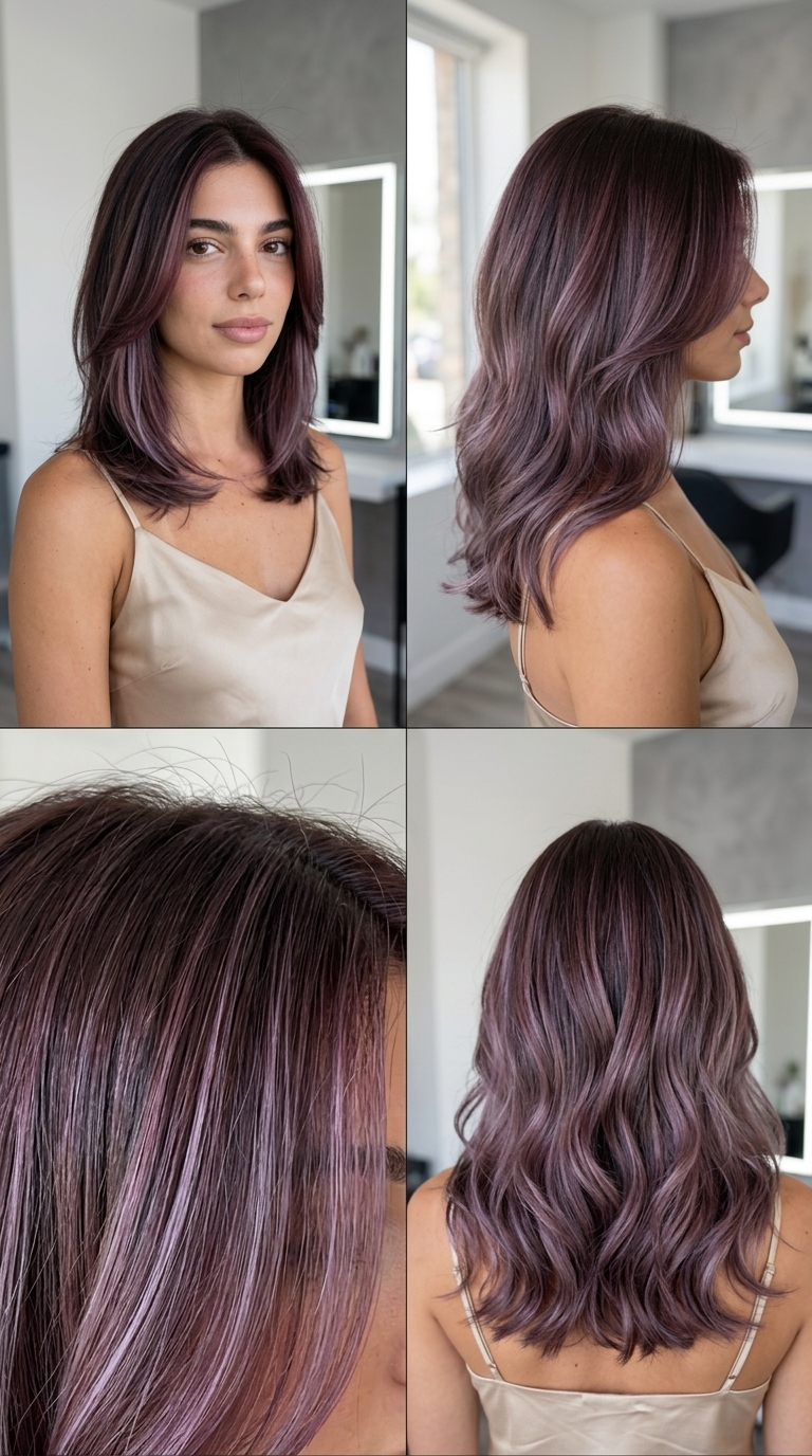 long airy layered haircut with plum frost balayage and icy violet toner for festivals