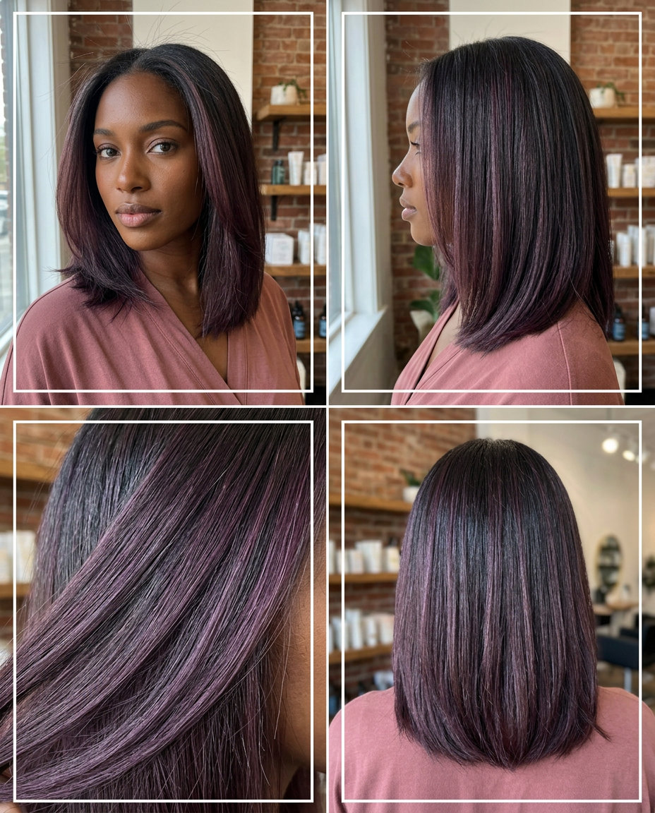 long layered haircut with plum babylights, muted violet undertones, fine foil highlights — romantic subtle glamour