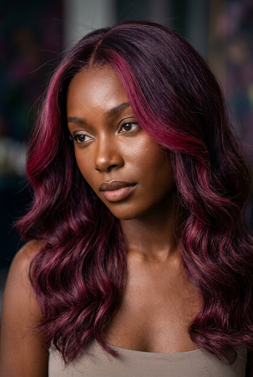 long plum berry face-framing ombre with deep plum and rich berry, layered melt, no fringe — mysterious date night
