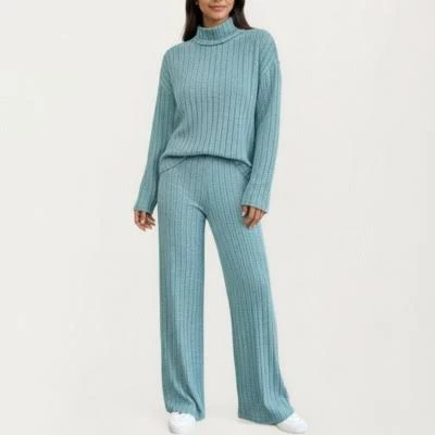 two piece set Anna-Kaci Women's Ribbed Knit Relaxed Fit 2-Piece Set with High Neck Top Soft Stretch Fabric and Wide Leg Pants Target $46.99
