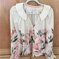 top Anthropologie Cream Blouse with Pink and Green Floral Design Poshmark $40