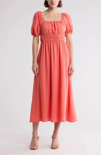 dress August Sky Women's Puff Sleeve Smocked Square Neckline Midi Dress Nordstrom Rack $34.97
