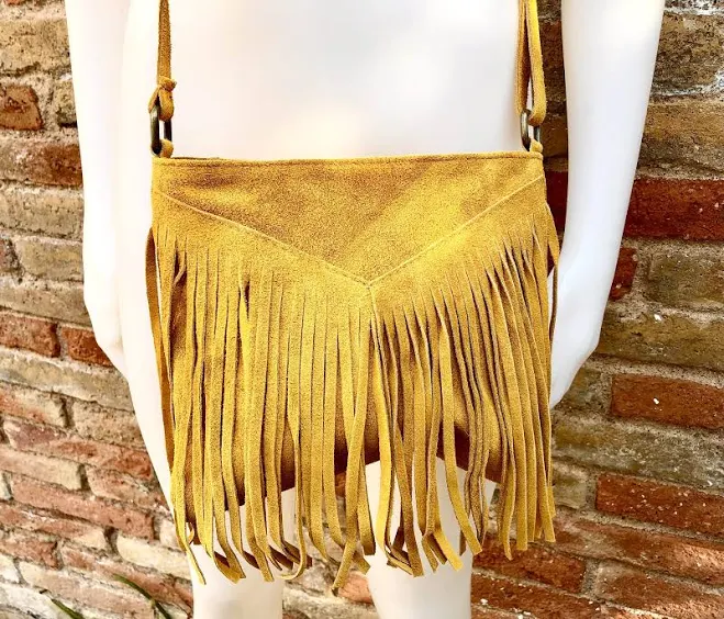 bag Cross body bag. BOHO suede leather bag in MUSTARD with FRINGES. Messenger bag in soft genuine suede leather. Yellow crossbody hippy bag Etsy - goodtimesbarcelona $42.75