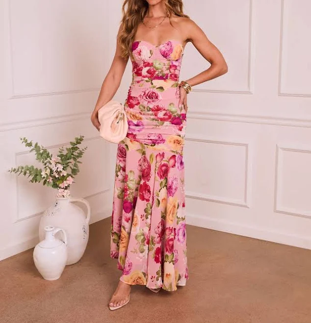 dress Dewy Blooms Strapless Floral Midi Dress VICI $46.8