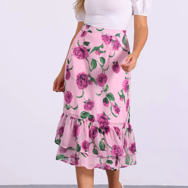 skirt Floral Chiffon Tiered Flowy Midi Skirt Allegra K $48.99