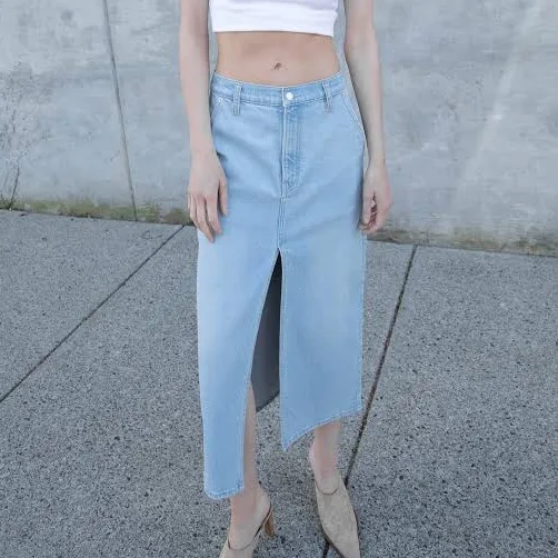 skirt Oak + Fort Bleached Denim Midi Skirt with Front Slit Oak and Fort US $19.99