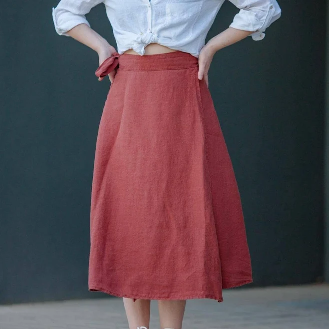 skirt Organic Linen A-Line Wrap Midi Skirt with Tie Etsy - Seller $67.5