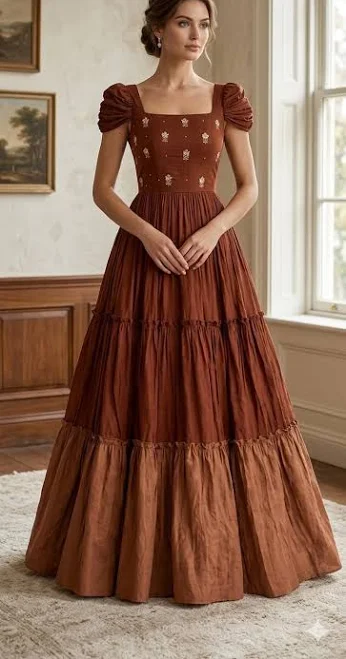 dress Regency Style Embroidered Rust Linen Tiered Maxi Dress Etsy - Seller $66