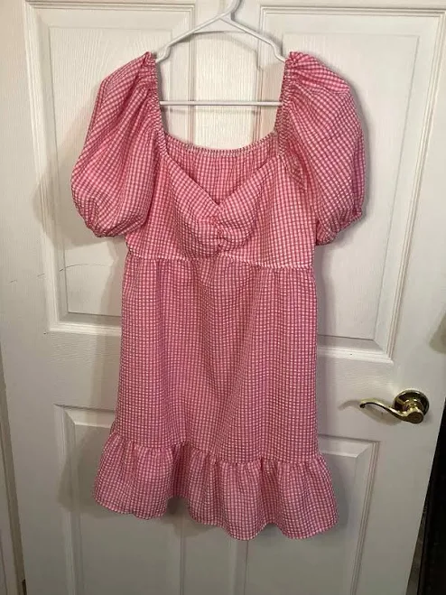 dress Shein Pink And White Gingham Dress Sweetheart Neckline Puff Sleeves eBay $9.95