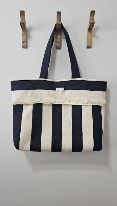 bag Striped Canvas Tote Bag: Navy Cream Beach Bag with Tassel Etsy - Seller $41.62