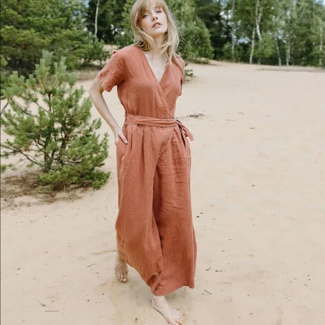 jumpsuit V-Neck Short Sleeve Wrap Culottes Leg Linen Jumpsuit Etsy - Seller $176.06