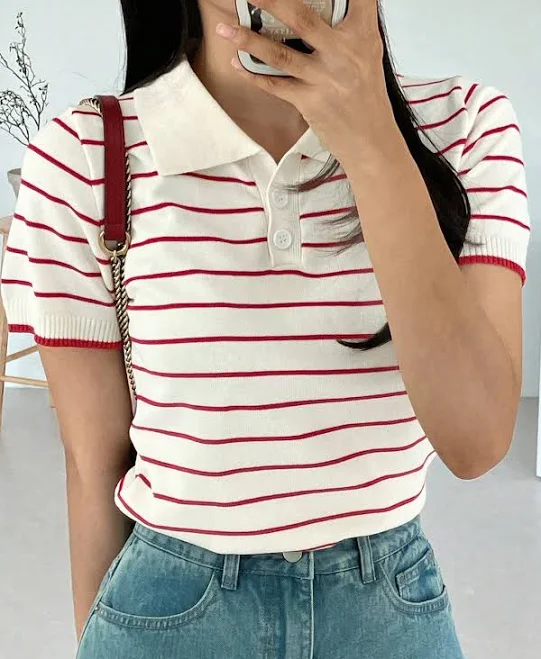 top Women's Dazy Striped Short Sleeve Polo Collar Top Shein $11.65