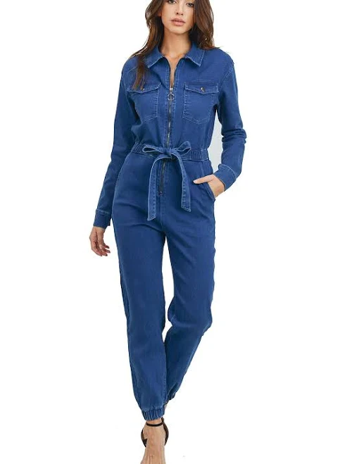 jumpsuit Women's Fitted Denim Utility Jumpsuit with Pockets khanomak $68