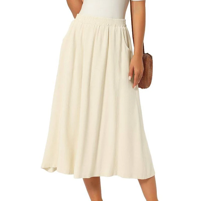skirt Women's Linen Skirt Summer Casual Flowy Swing Elastic High Waist A-Line Boho Midi Skirt with Pockets, Size: Small, Beige Kohl's $44.99