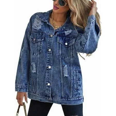 outerwear Women's Long Oversized Denim Jacket Boyfriend Ripped Distressed Jean Jackets Coat Dark Blue XL Walmart - Garooms $39.77