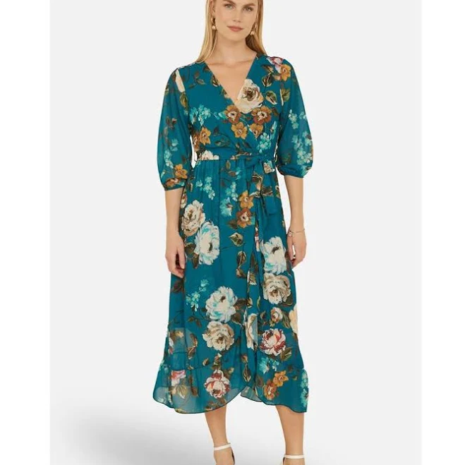 dress Yumi Women's Watercolour Dip Hem Midi Wrap Dress Nordstrom $162