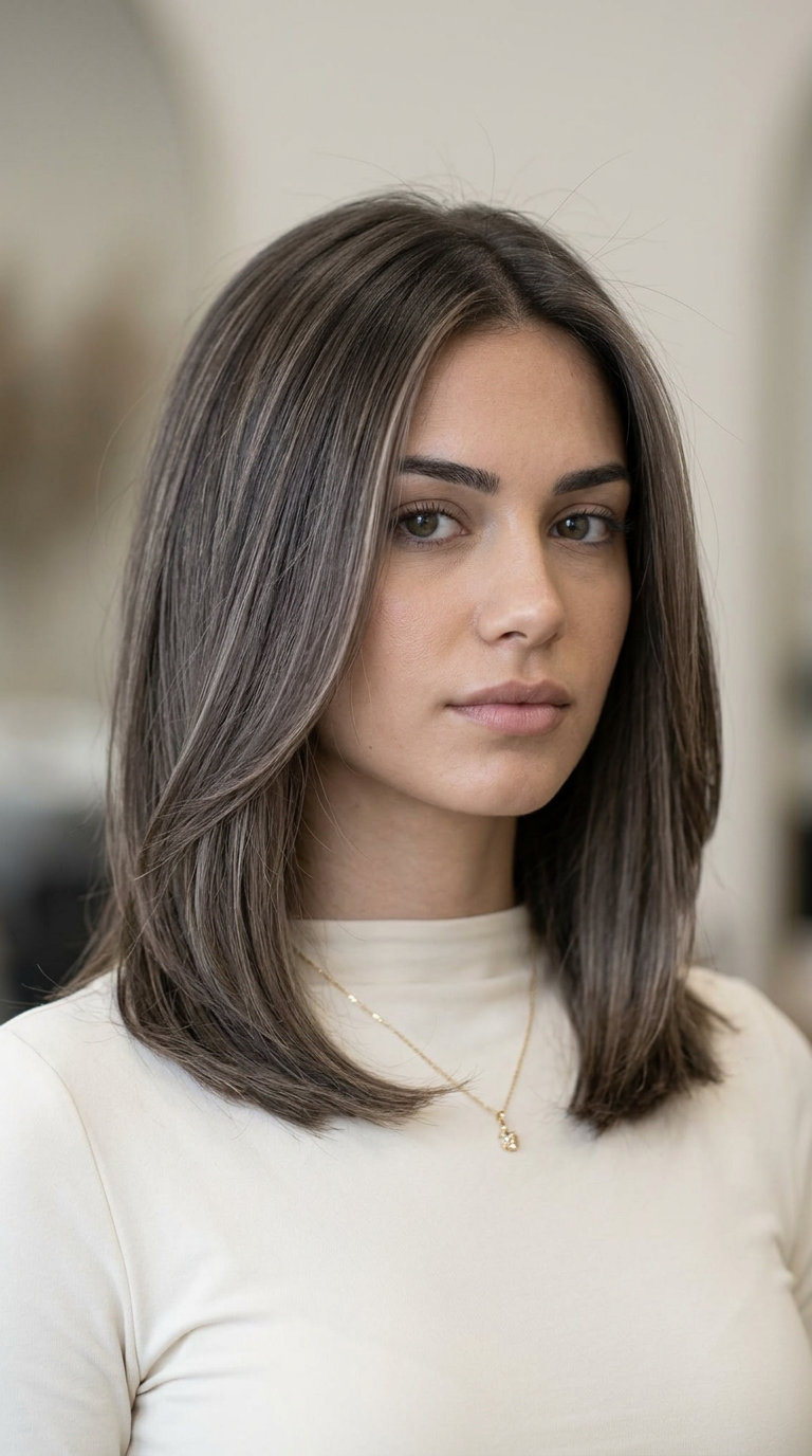 long cut brunette with raw cacao base, cool beige babylights — professional, sophisticated