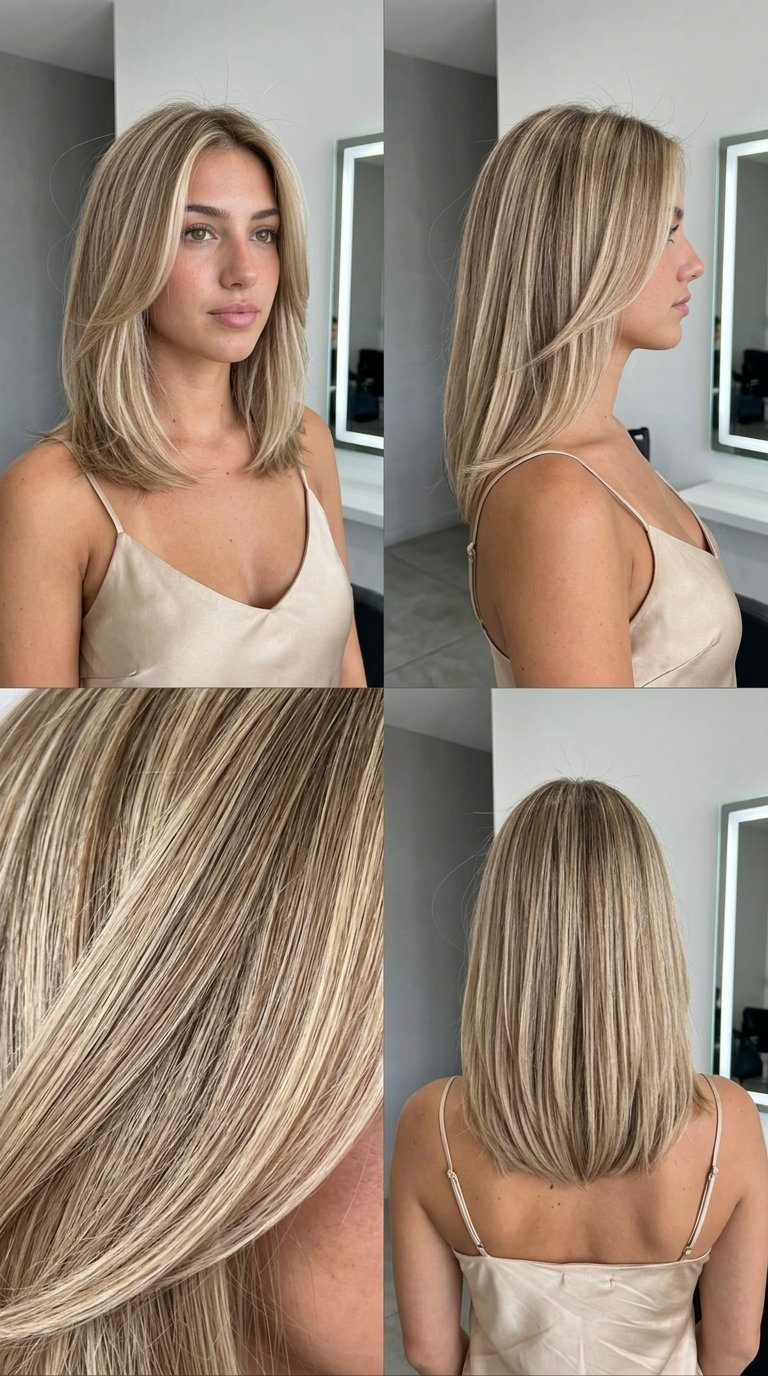 long reverse balayage with sandy beige lowlights and light brown, soft root melt, no fringe — effortless weekend getaway