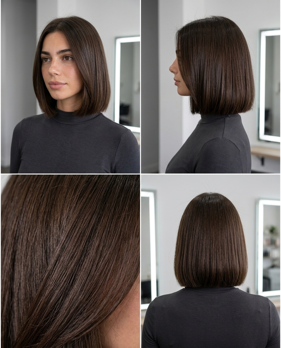 chin-length blunt bob haircut in rich natural brunette with warm chocolate undertones, internal weight removal — modern minimal