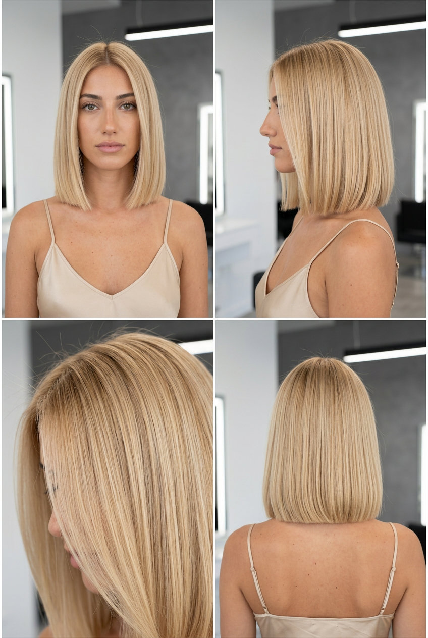 chin-length champagne honey blonde bob, uniform rich tone, natural hair — modern minimalist