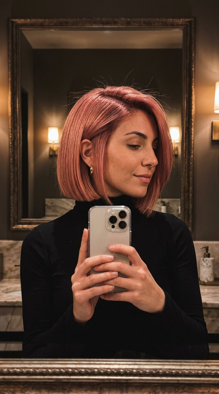 chin-length blunt bob haircut in vibrant rose gold with deep side part for summer 2026