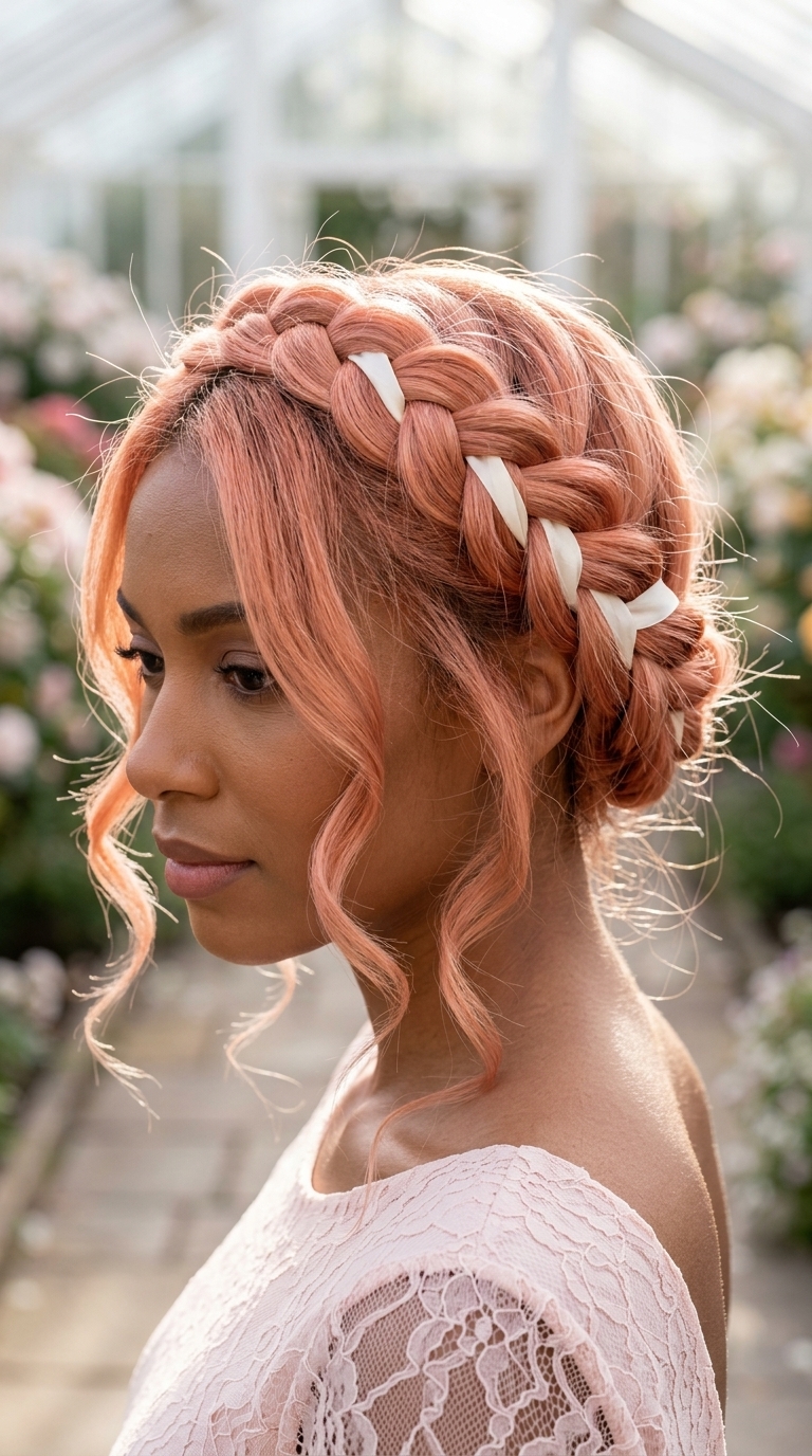 long rose gold braided crown with face-framing layers and wispy tendrils for formal events
