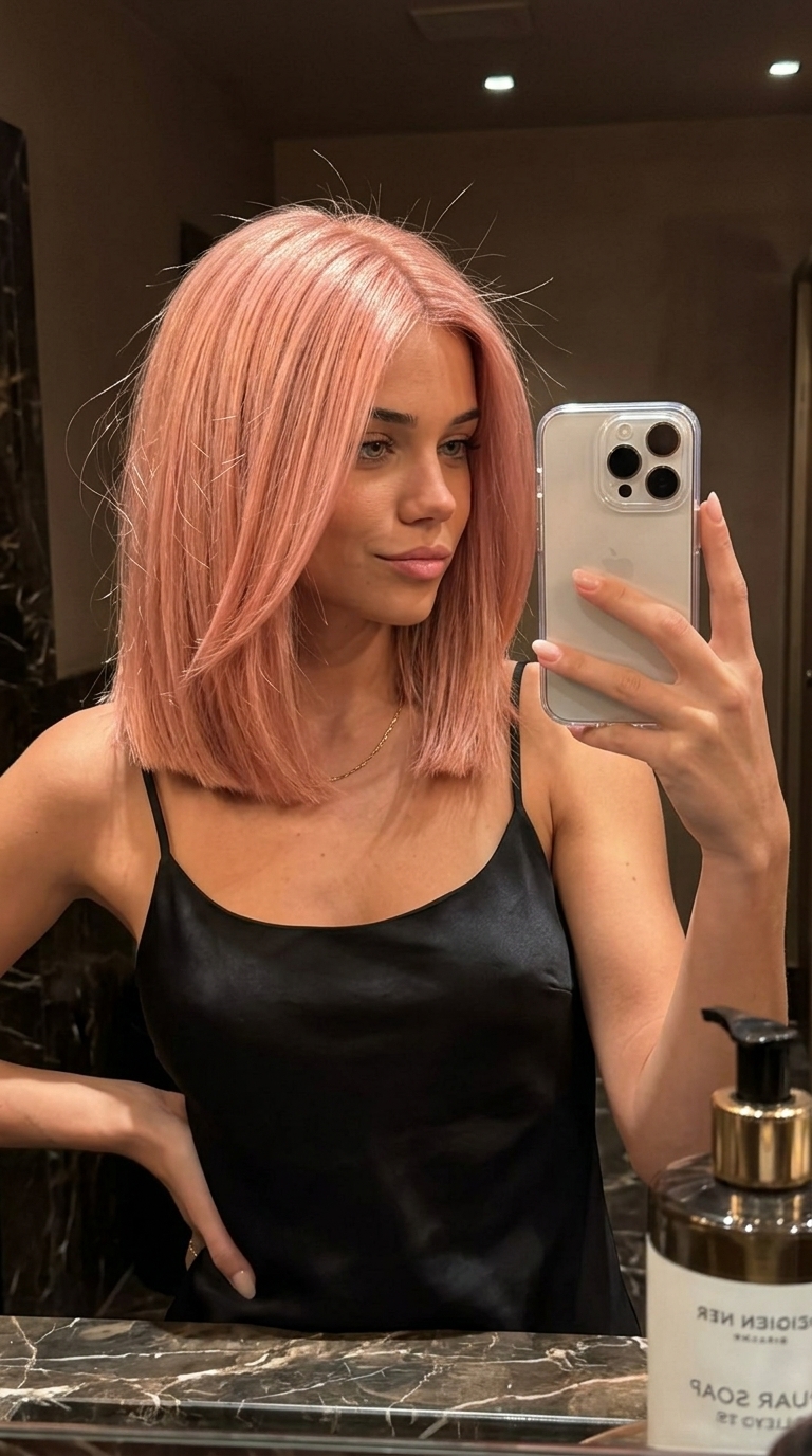 medium box lob haircut in uniform soft rose gold with pastel pink undertones for edgy style
