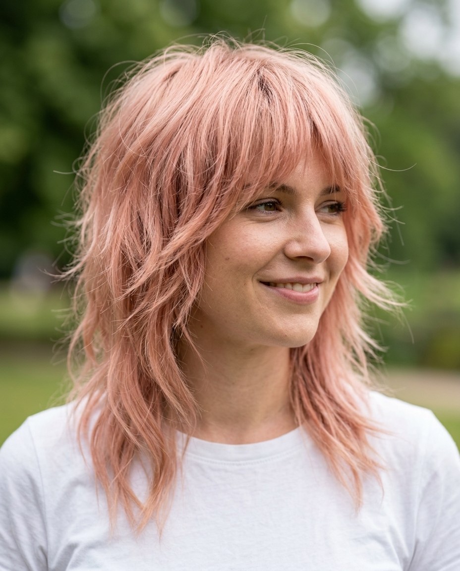 medium rose gold wolf cut with pastel pink, feathered layers, wispy curtain fringe — romantic, dreamy
