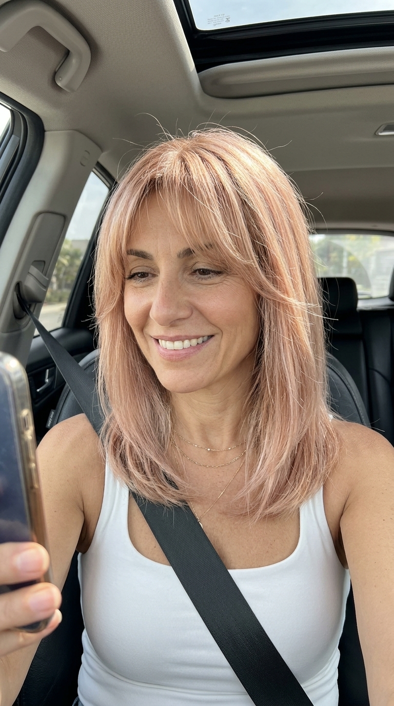 Rose Gold Pixie Haircut 2026: Youthful & Playful short pixie haircut in soft rose gold with blonde base and wispy fringe